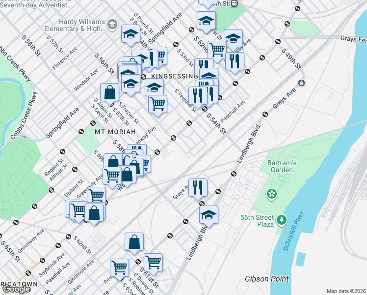 map of restaurants, bars, coffee shops, grocery stores, and more near 1826 South Vogdes Street in Philadelphia