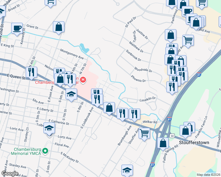 map of restaurants, bars, coffee shops, grocery stores, and more near 915 East King Street in Chambersburg