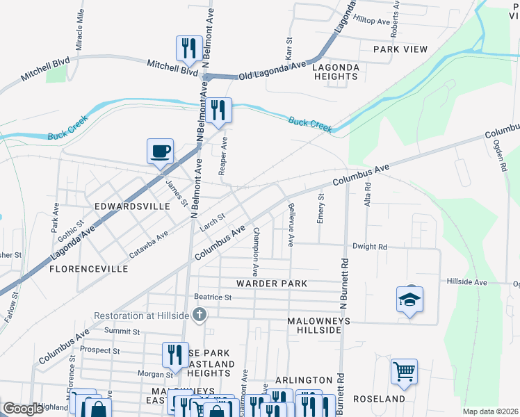 map of restaurants, bars, coffee shops, grocery stores, and more near 2219 Larch Street in Springfield