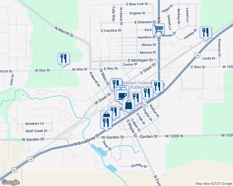 map of restaurants, bars, coffee shops, grocery stores, and more near 101 North Main Street in Fortville