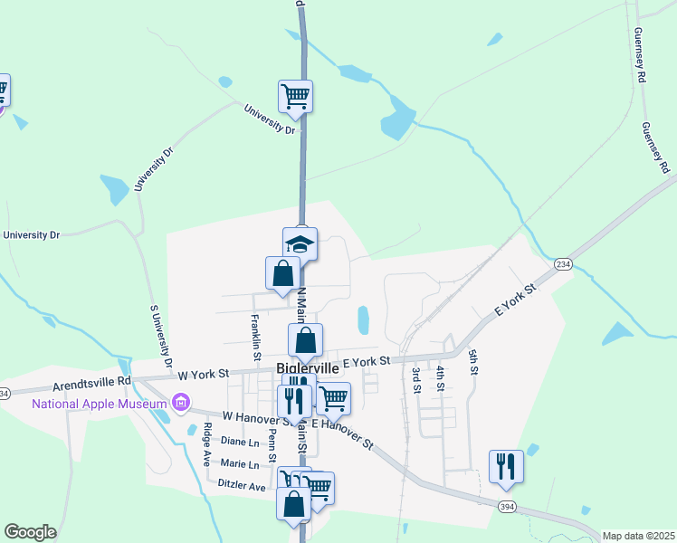 map of restaurants, bars, coffee shops, grocery stores, and more near 161 North Main Street in Biglerville