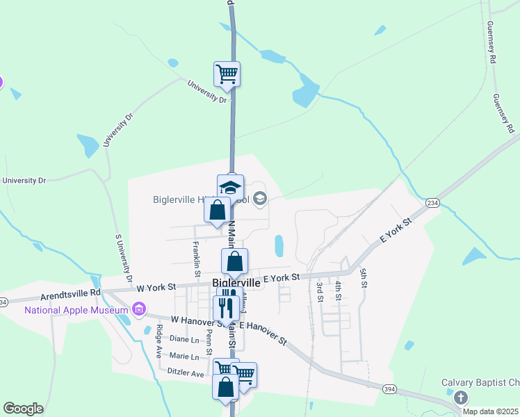 map of restaurants, bars, coffee shops, grocery stores, and more near 161 North Main Street in Biglerville