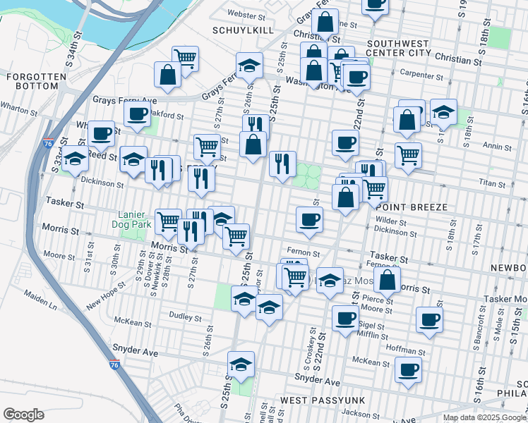 map of restaurants, bars, coffee shops, grocery stores, and more near 1455 South 25th Street in Philadelphia