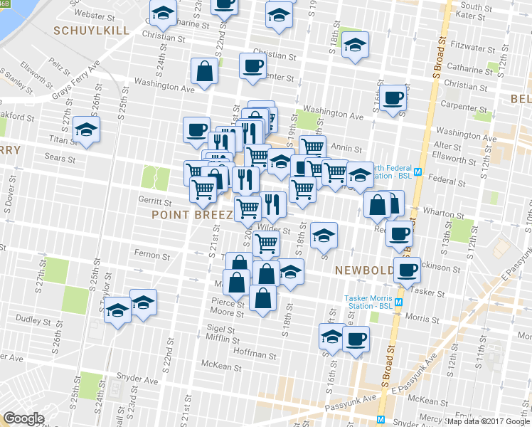 map of restaurants, bars, coffee shops, grocery stores, and more near 1922 Reed Street in Philadelphia