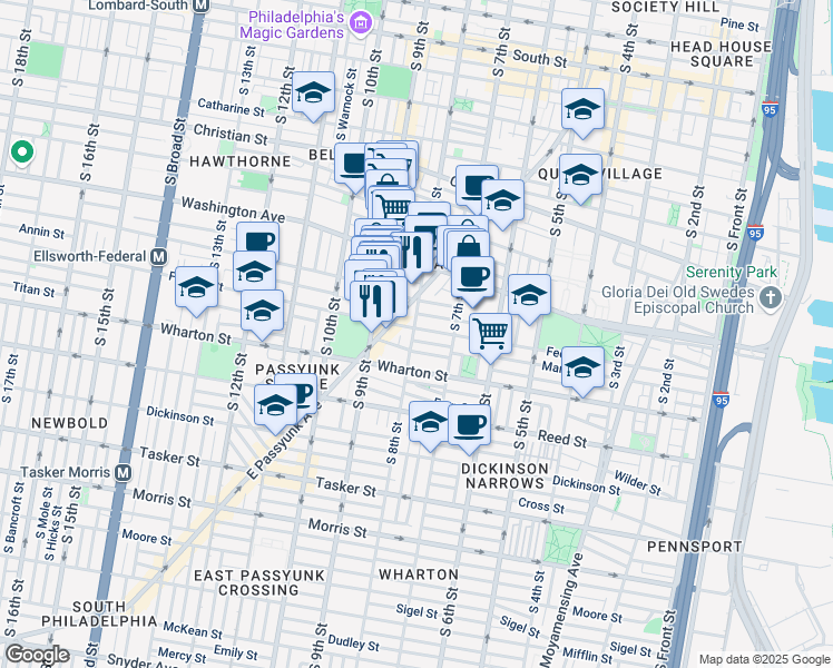 map of restaurants, bars, coffee shops, grocery stores, and more near 1151 East Passyunk Avenue in Philadelphia