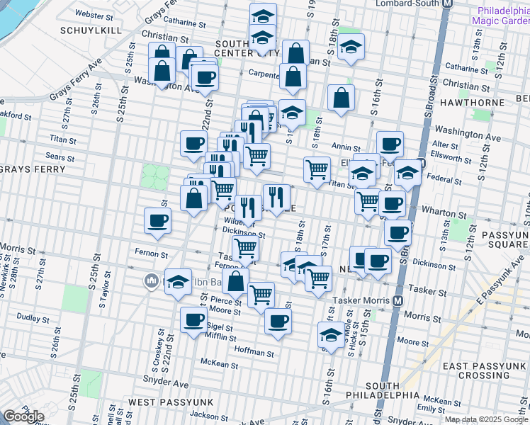 map of restaurants, bars, coffee shops, grocery stores, and more near 1922 Reed Street in Philadelphia