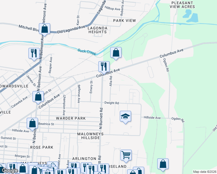 map of restaurants, bars, coffee shops, grocery stores, and more near 1010 Alta Road in Springfield