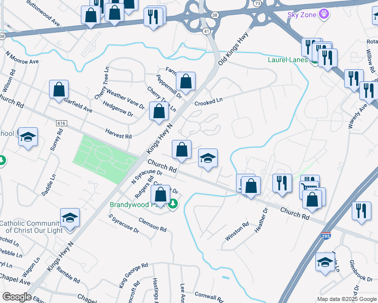 map of restaurants, bars, coffee shops, grocery stores, and more near 407 Kings Croft in Cherry Hill