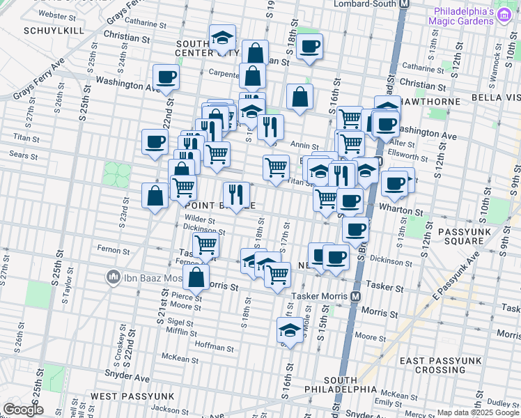 map of restaurants, bars, coffee shops, grocery stores, and more near 1317 South 18th Street in Philadelphia