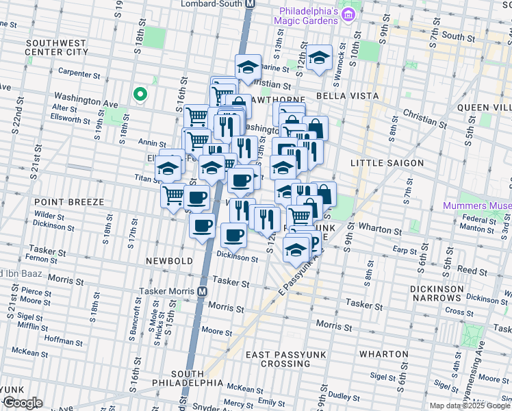map of restaurants, bars, coffee shops, grocery stores, and more near 1221 South 13th Street in Philadelphia