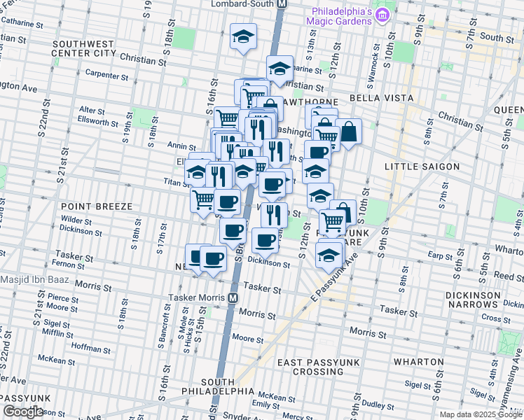 map of restaurants, bars, coffee shops, grocery stores, and more near 1310 South Juniper Street in Philadelphia