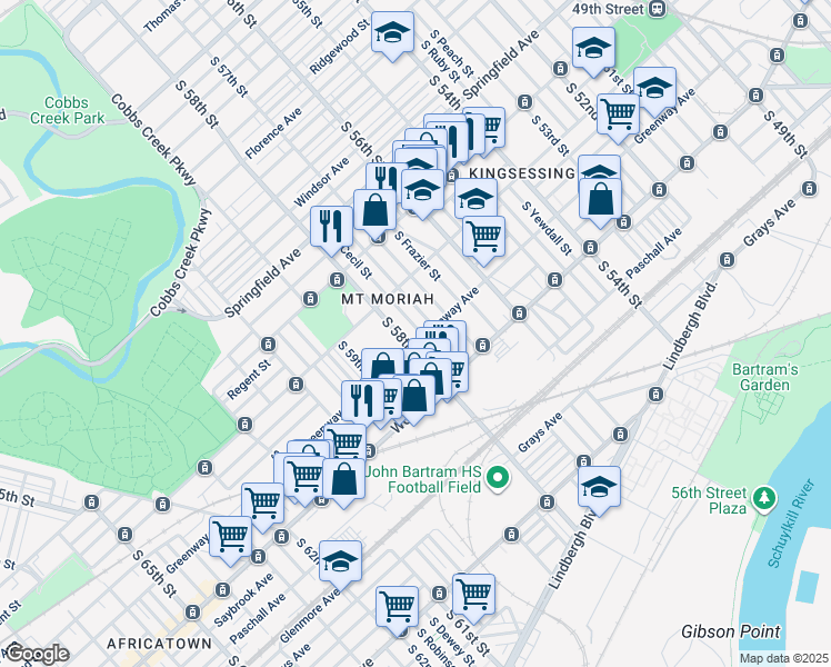 map of restaurants, bars, coffee shops, grocery stores, and more near 2060 South Cecil Street in Philadelphia