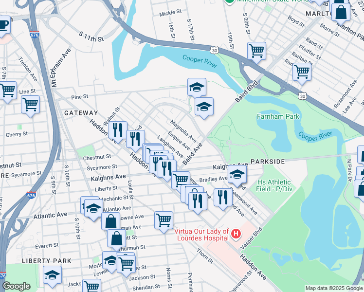 map of restaurants, bars, coffee shops, grocery stores, and more near 1234 Empire Avenue in Camden