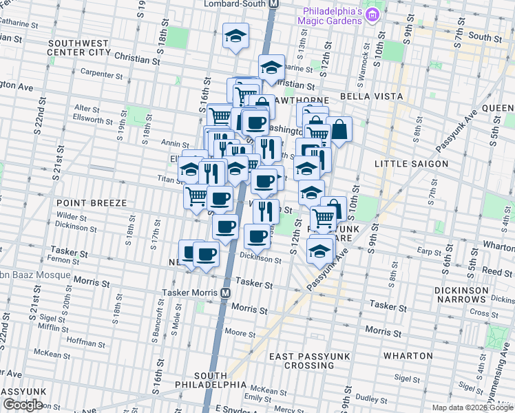 map of restaurants, bars, coffee shops, grocery stores, and more near 1324 Wharton Street in Philadelphia
