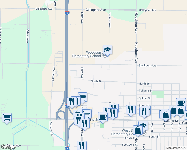 map of restaurants, bars, coffee shops, grocery stores, and more near 218 Rio Bravo Court in Corning