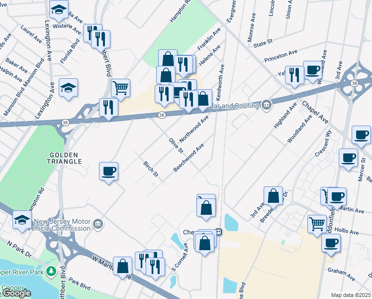 map of restaurants, bars, coffee shops, grocery stores, and more near 728 Beechwood Avenue in Cherry Hill