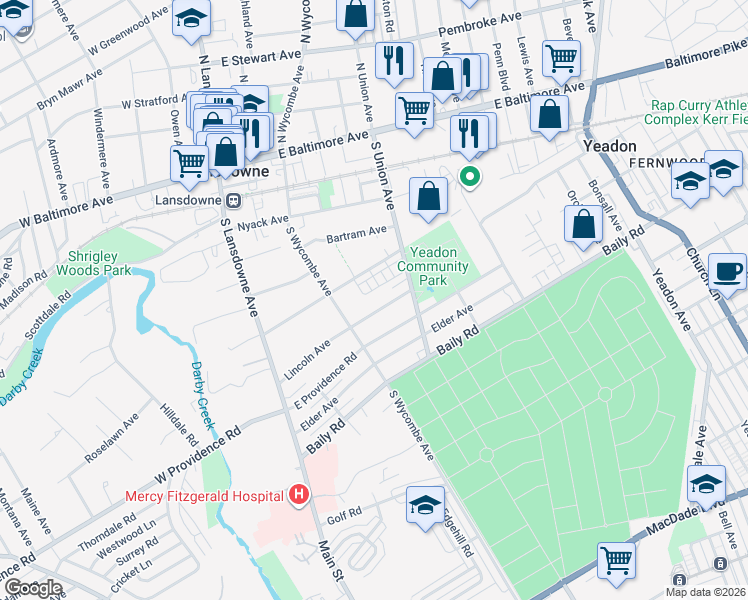 map of restaurants, bars, coffee shops, grocery stores, and more near 408 South Maple Avenue in Yeadon