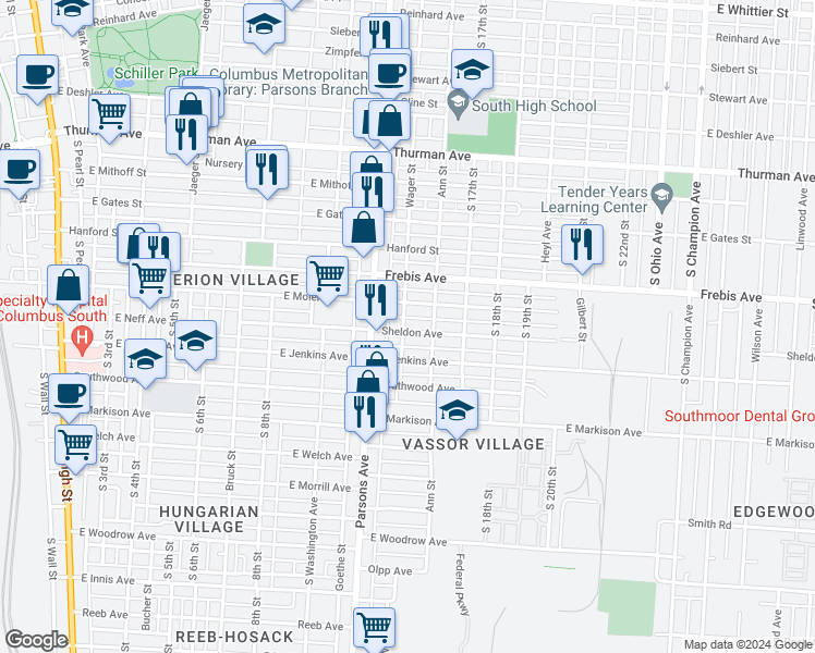 map of restaurants, bars, coffee shops, grocery stores, and more near 504 Sheldon Avenue in Columbus