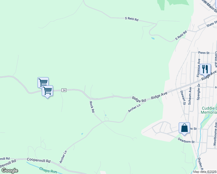 map of restaurants, bars, coffee shops, grocery stores, and more near 2325 Ridge Road in Zanesville