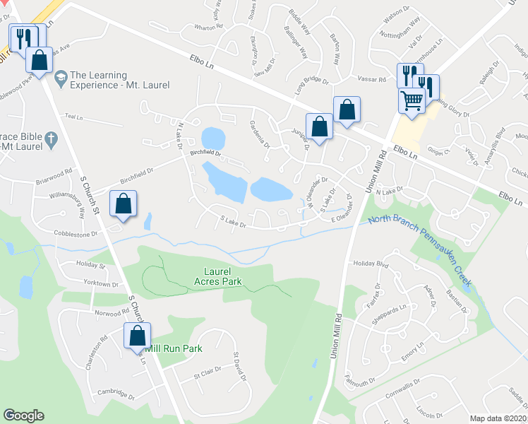 map of restaurants, bars, coffee shops, grocery stores, and more near 36 Sumac Court in Mount Laurel