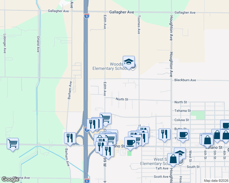 map of restaurants, bars, coffee shops, grocery stores, and more near 218 Rio Bravo Court in Corning