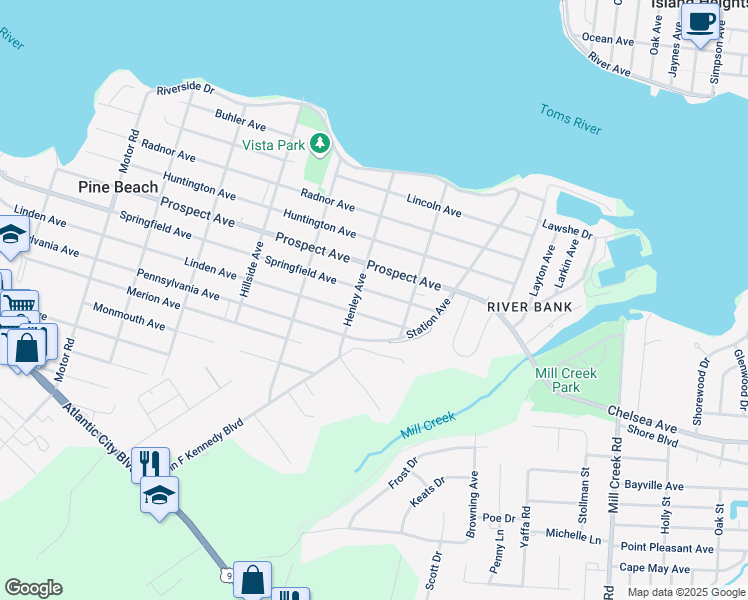 map of restaurants, bars, coffee shops, grocery stores, and more near 734 Springfield Avenue in Pine Beach