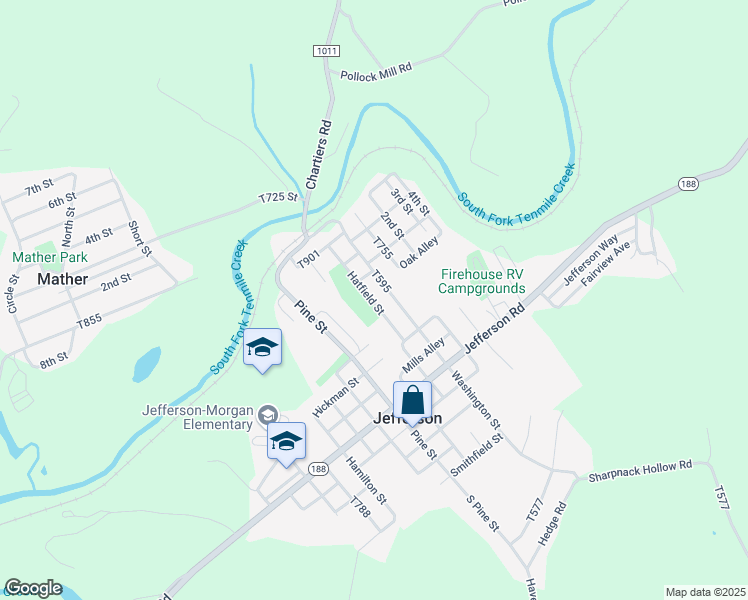 map of restaurants, bars, coffee shops, grocery stores, and more near Hatfield Street in Jefferson