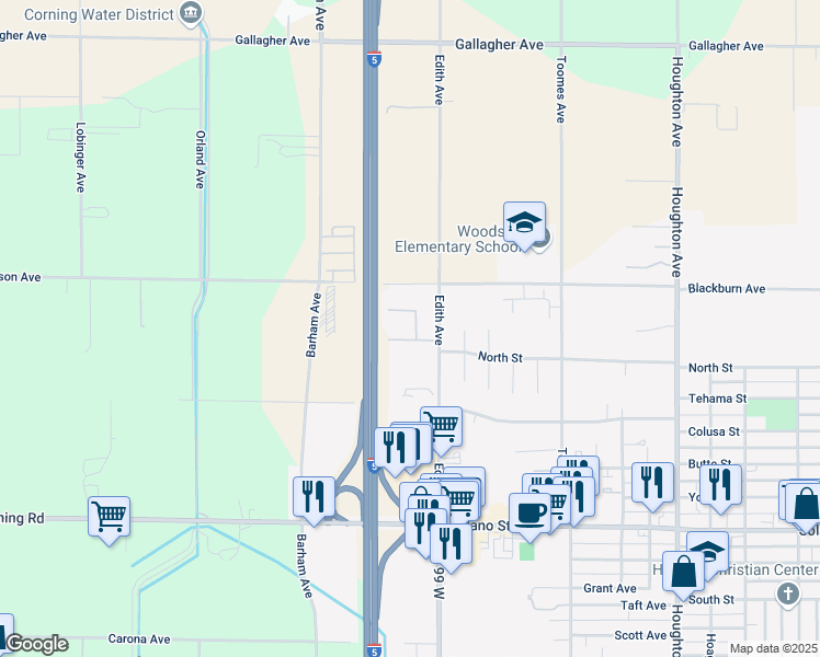 map of restaurants, bars, coffee shops, grocery stores, and more near 240 Edith Avenue in Corning