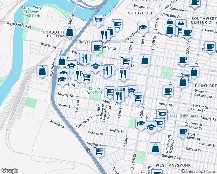map of restaurants, bars, coffee shops, grocery stores, and more near 1536 South Newkirk Street in Philadelphia