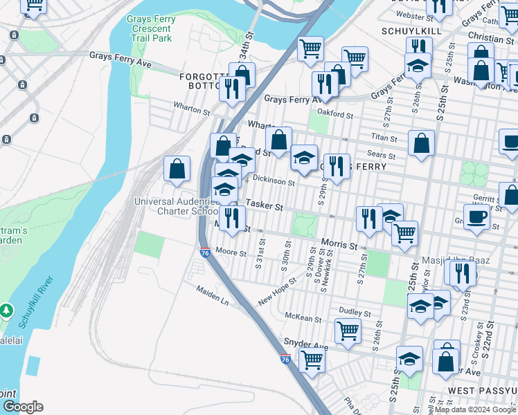 map of restaurants, bars, coffee shops, grocery stores, and more near 3116 Tasker Street in Philadelphia