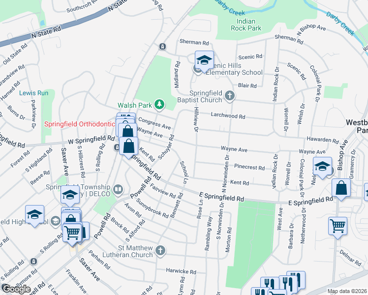 map of restaurants, bars, coffee shops, grocery stores, and more near 221 Wayne Avenue in Springfield