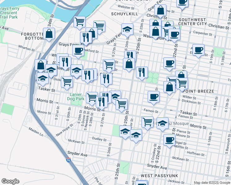 map of restaurants, bars, coffee shops, grocery stores, and more near 2641 Dickinson Street in Philadelphia