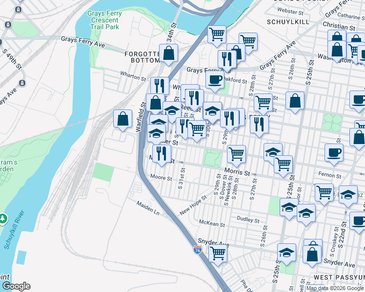 map of restaurants, bars, coffee shops, grocery stores, and more near in Philadelphia