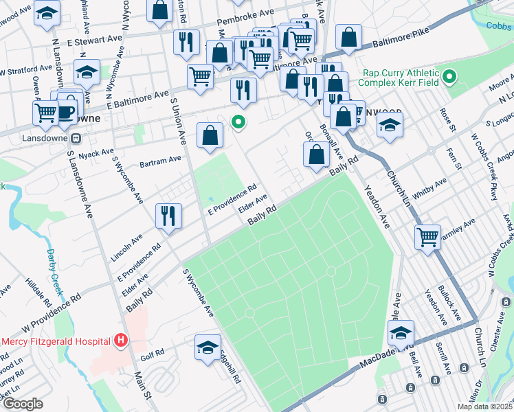 map of restaurants, bars, coffee shops, grocery stores, and more near 326 Elder Avenue in Lansdowne