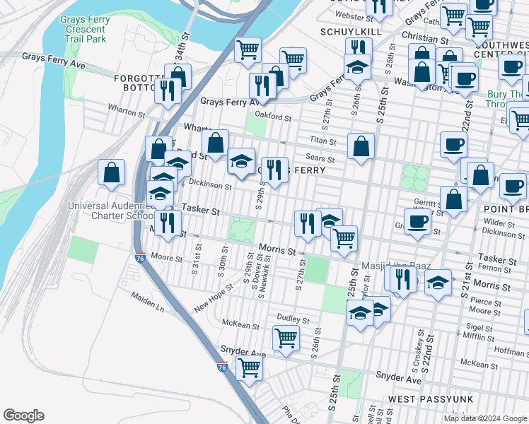 map of restaurants, bars, coffee shops, grocery stores, and more near 1538 South Dover Street in Philadelphia