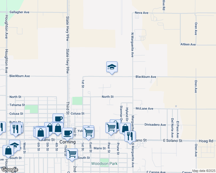 map of restaurants, bars, coffee shops, grocery stores, and more near 643 Blackburn Avenue in Corning