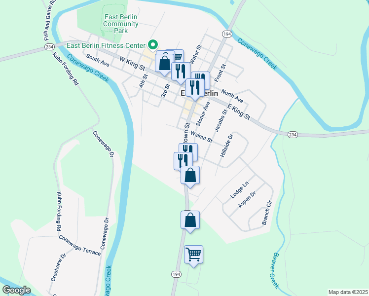 map of restaurants, bars, coffee shops, grocery stores, and more near Abbottstown Street in East Berlin