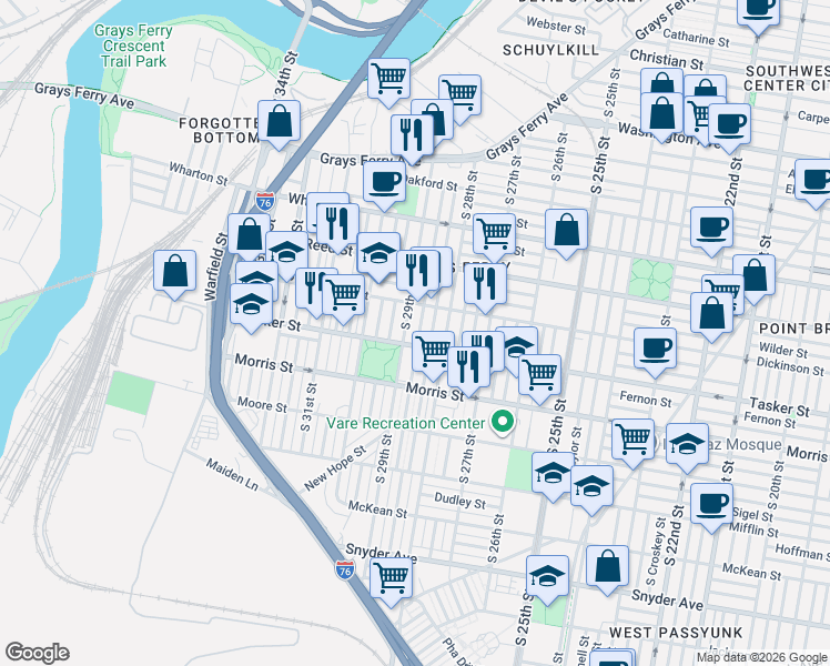 map of restaurants, bars, coffee shops, grocery stores, and more near 1509 South Dover Street in Philadelphia