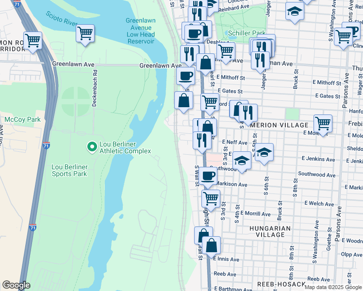 map of restaurants, bars, coffee shops, grocery stores, and more near 64 West Neff Avenue in Columbus