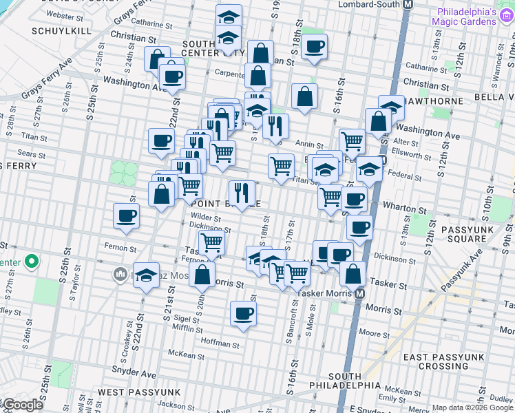 map of restaurants, bars, coffee shops, grocery stores, and more near 1325 South 19th Street in Philadelphia