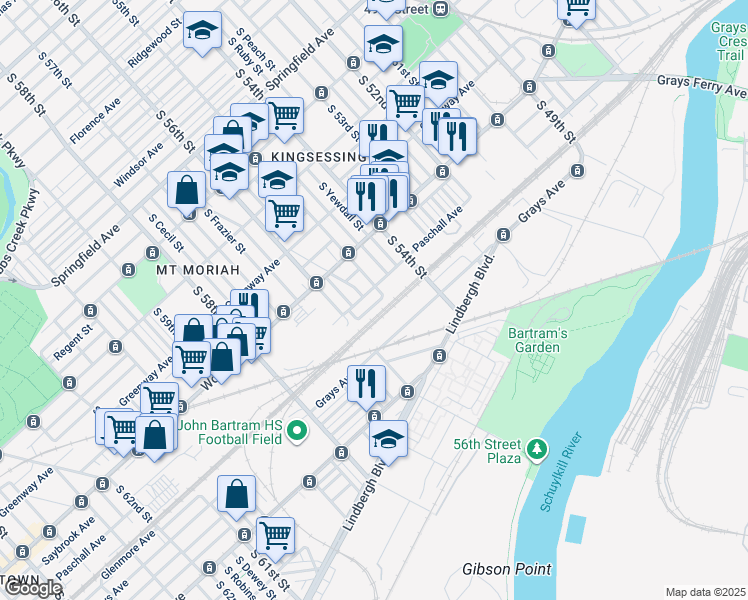 map of restaurants, bars, coffee shops, grocery stores, and more near 5511 Linmore Avenue in Philadelphia