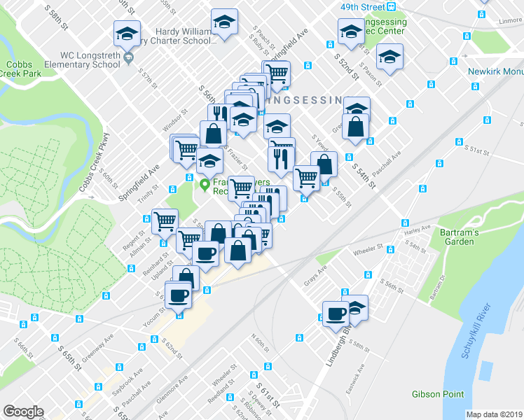 map of restaurants, bars, coffee shops, grocery stores, and more near 2116 South 57th Street in Philadelphia