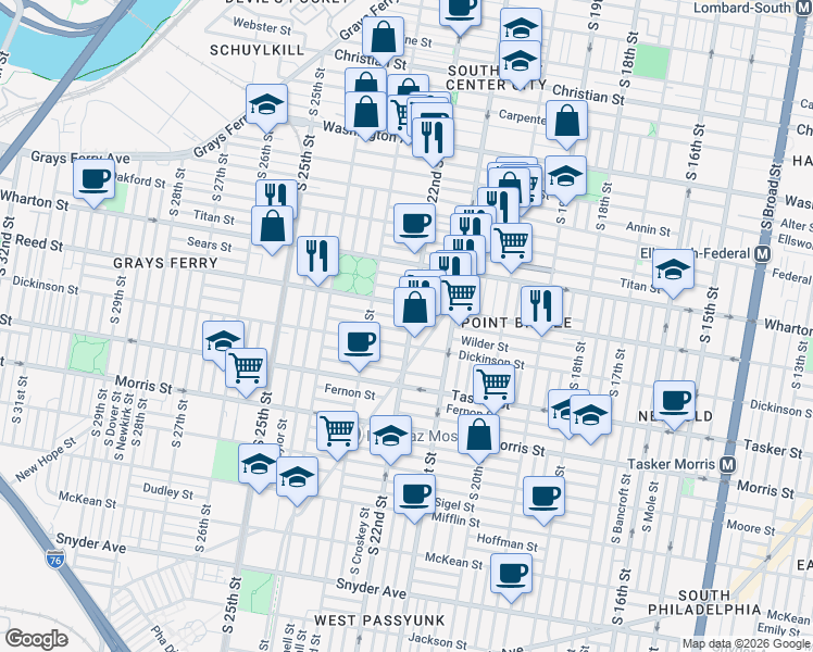 map of restaurants, bars, coffee shops, grocery stores, and more near 2216 Reed Street in Philadelphia