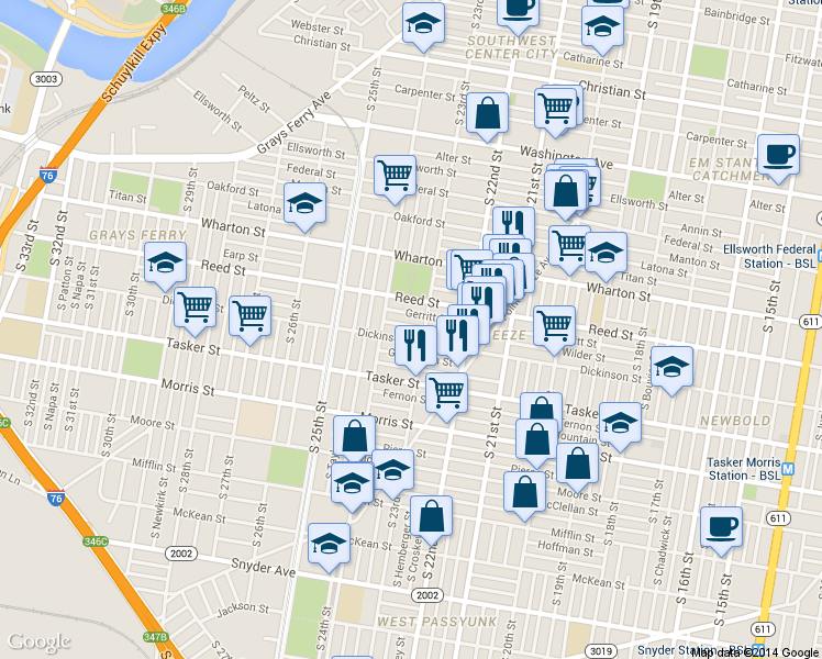 map of restaurants, bars, coffee shops, grocery stores, and more near 2316 Wilder Street in Philadelphia