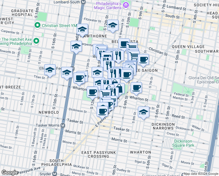 map of restaurants, bars, coffee shops, grocery stores, and more near 1230 South Warnock Street in Philadelphia