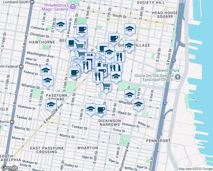 map of restaurants, bars, coffee shops, grocery stores, and more near 1146 South 6th Street in Philadelphia