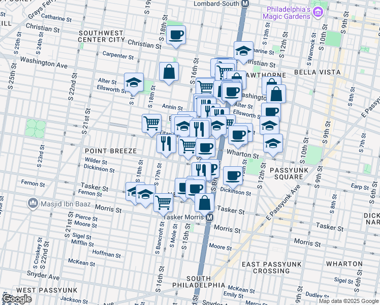 map of restaurants, bars, coffee shops, grocery stores, and more near 1256 South 15th Street in Philadelphia