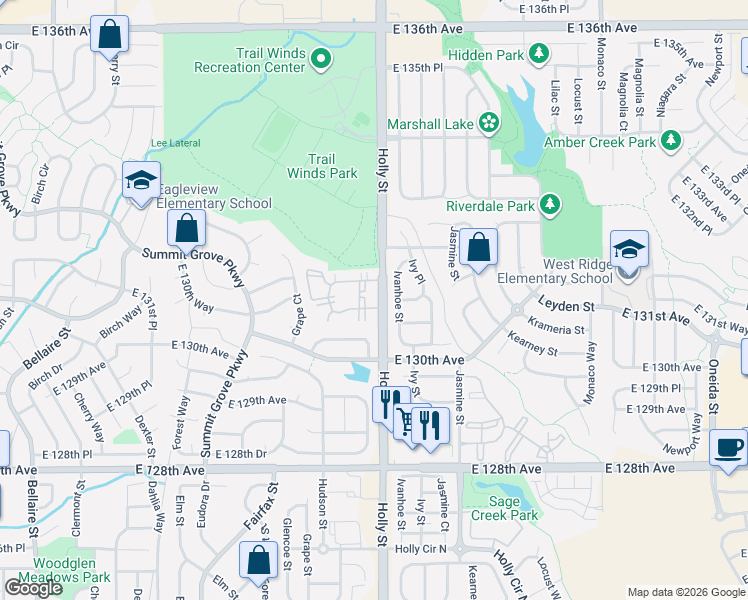 map of restaurants, bars, coffee shops, grocery stores, and more near 13295 Holly Street in Thornton