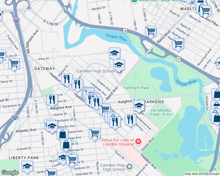 map of restaurants, bars, coffee shops, grocery stores, and more near 1274 Magnolia Avenue in Camden