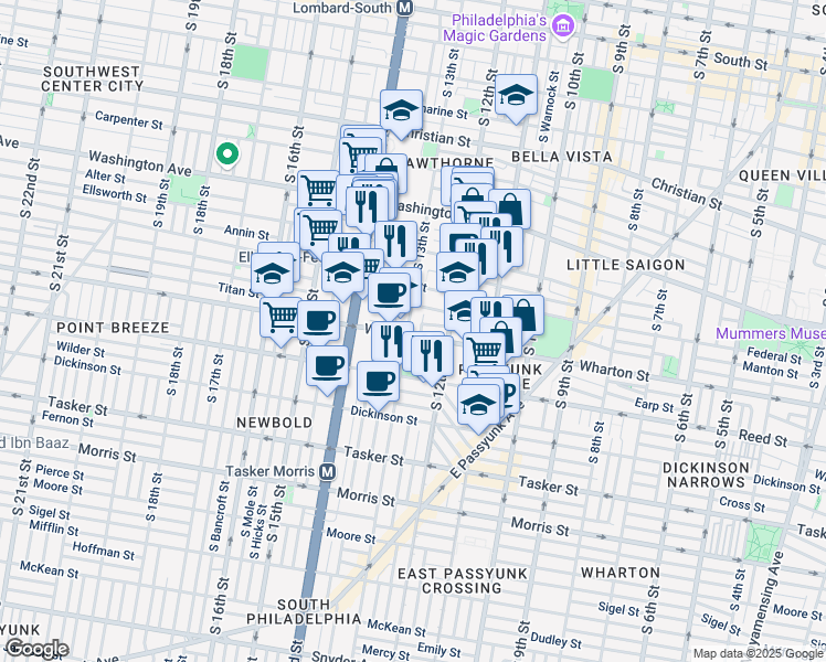 map of restaurants, bars, coffee shops, grocery stores, and more near 1221 South 13th Street in Philadelphia